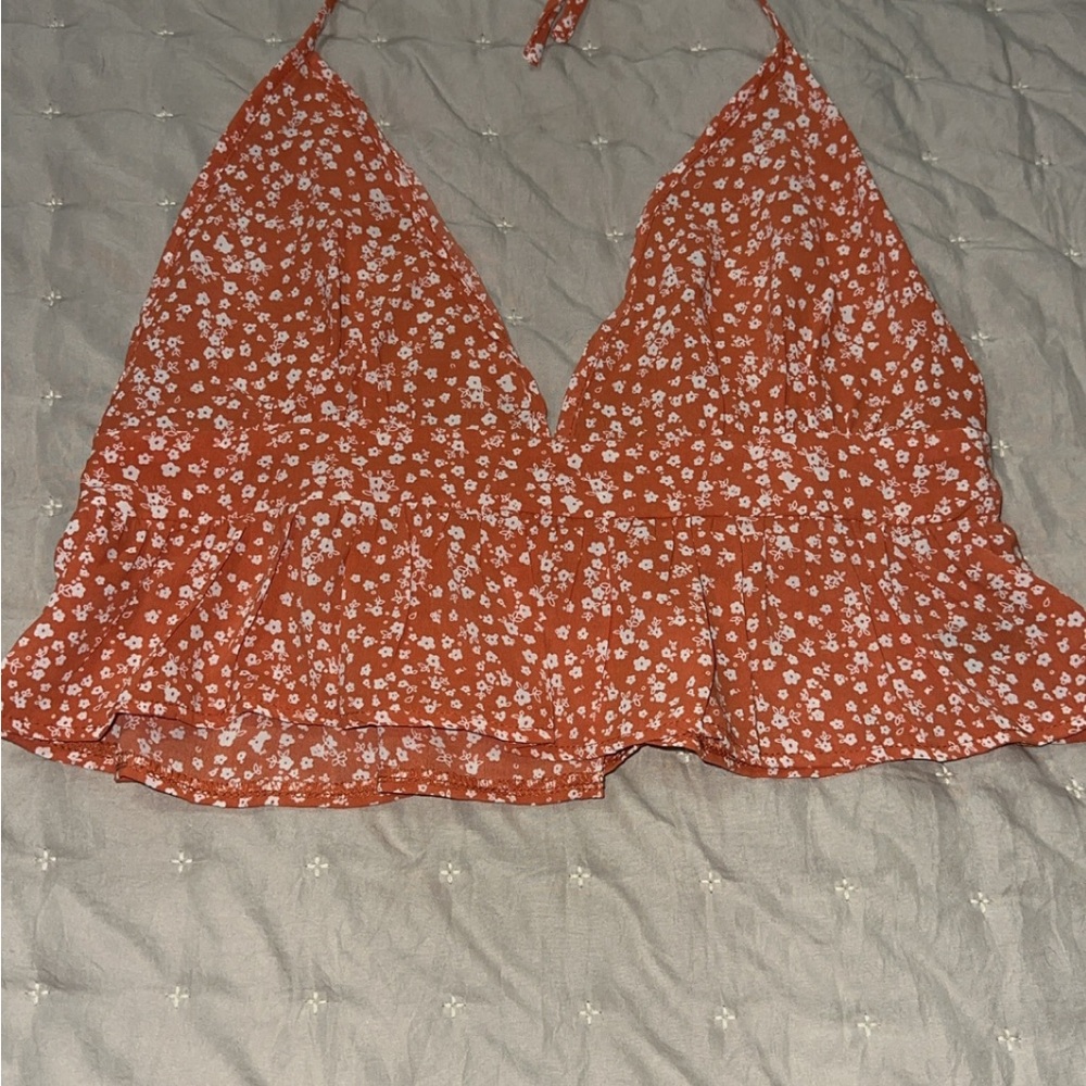Floral Halter Neck Top - Orange